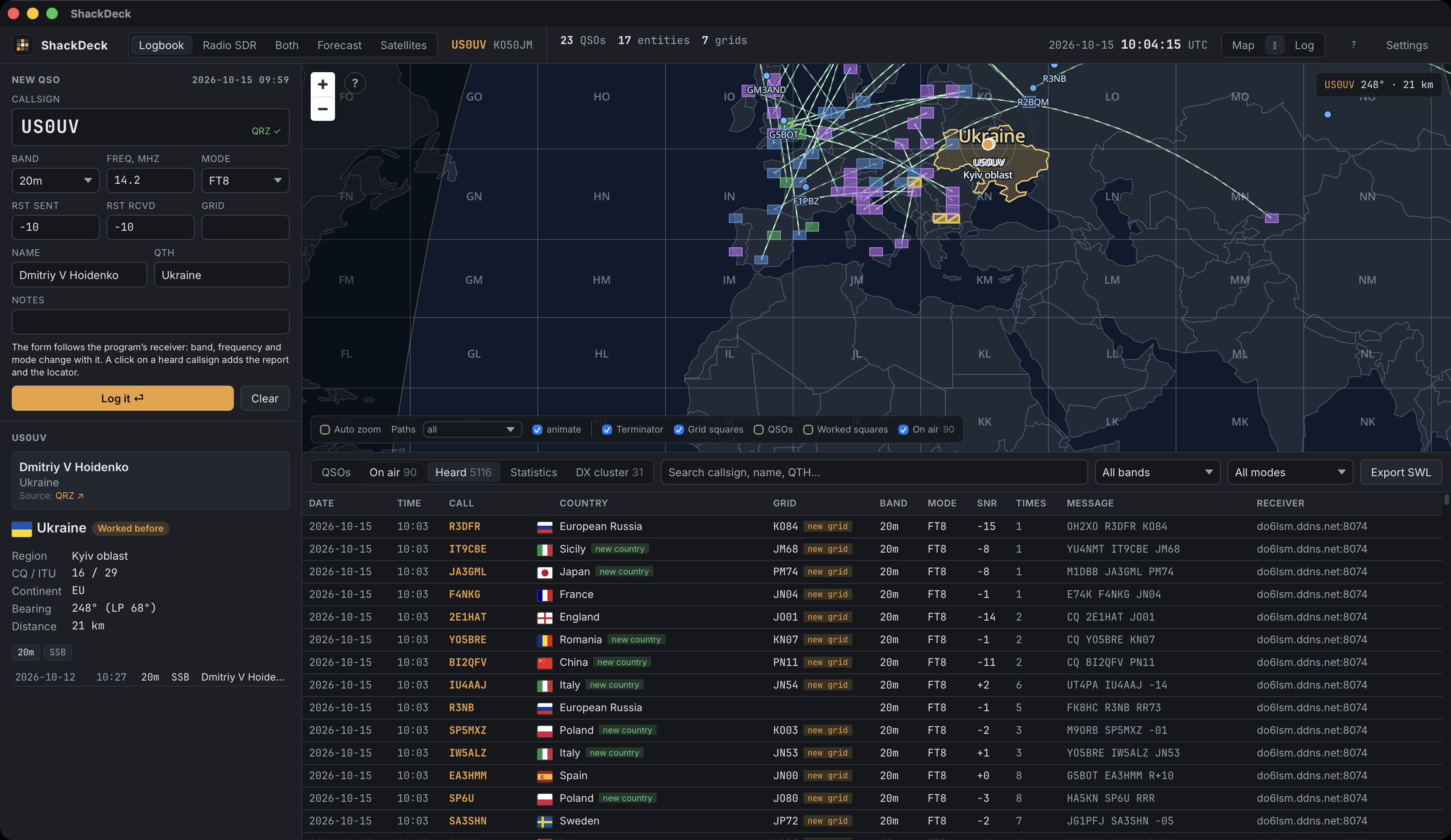 ShackDeck: вкладка журнала со станциями в эфире и картой их квадратов